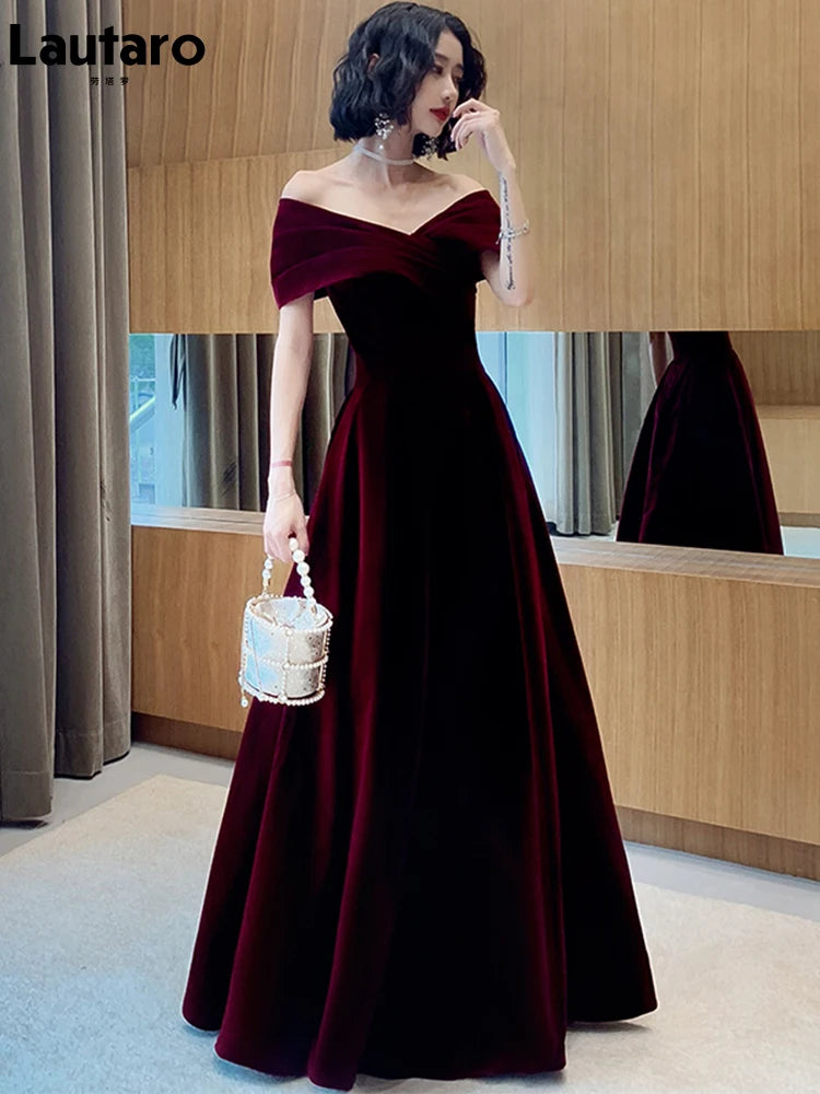 Lautaro Spring Long Luxury Elegant Wine Red Soft Velvet Evening Party Wedding Dresses for Women 2022 Off Shoulder Maxi Dress