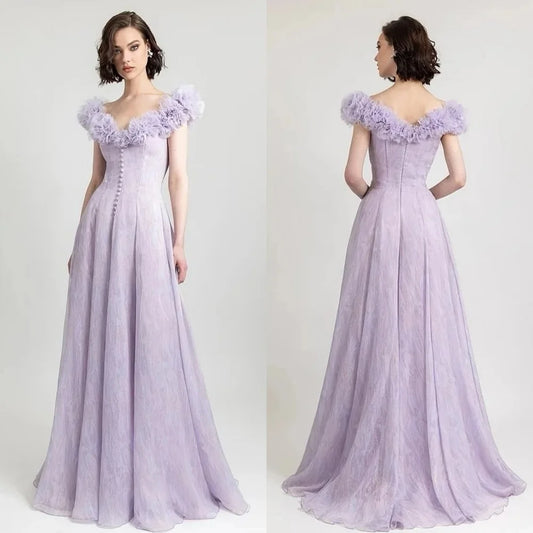 Evening  Sexy Casual  Jersey Flower Button Ruched Formal Evening A-line V-neck Bespoke Occasion Gown Long Dresses