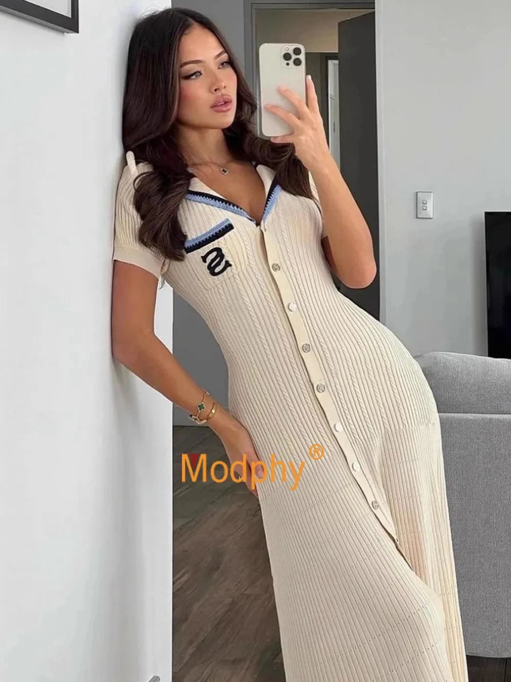 Modphy 2024 Elegante vestido largo de punto ajustado para mujer Letra de un solo pecho Manga larga Diseñador Vestidos vintage Otoño