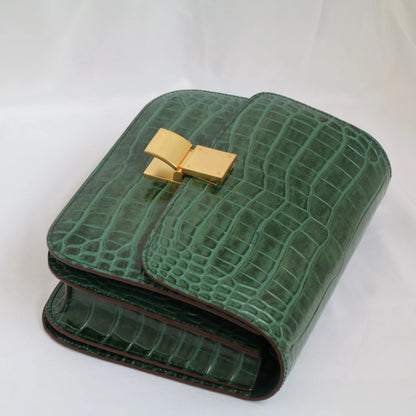 Sac à bandoulière en cuir véritable pour femme, motif crocodile vert, à rabat