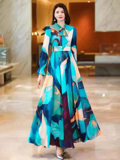 New Women Spring Summer Chiffon Dress Fashion Lace-up Bow Long Sleeve Slim Mid-Calf Dress Elegant Flowing Print Long Dress