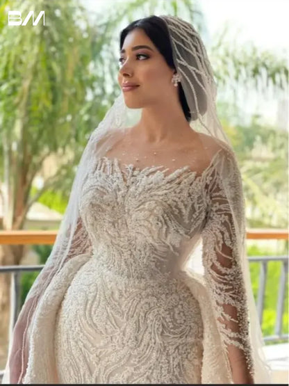 Robe de mariée à manches longues illusion, robe de mariée sirène perlée pour femmes 2024, robe de mariée à paillettes de luxe, robes de mariée