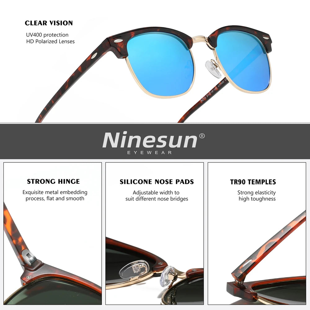 NINESUN UV400 Lunettes de soleil classiques pour hommes et femmes, polarisées, carrées, alliage TR90, monture complète