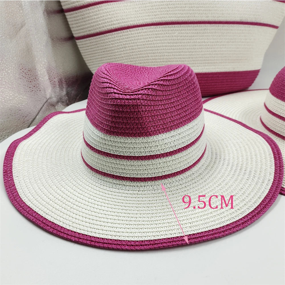 Sombrero de paja de verano de dos piezas y tres piezas, moda a rayas, bolso de gran capacidad y sombrero de sol de parte superior redonda para mujer, Panamá Jazz Beach