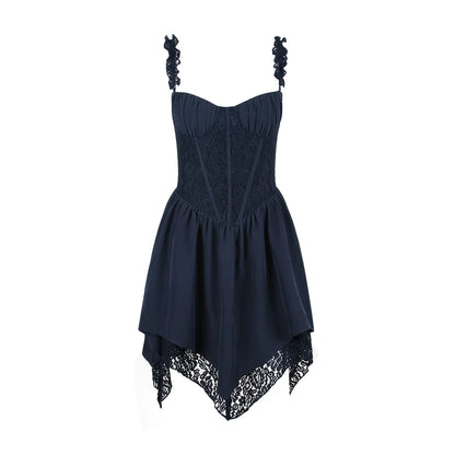 Summer Mini Lace Party Dresses Lovely  Navy Blue Sleeveless Spaghetti Strap A Line Dress Fashion Women Clothing 2023