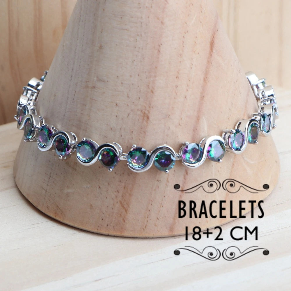 Ensembles de bijoux en argent sterling 925 pour femmes mariées boucles d'oreilles en zircon arc-en-ciel magique naturel bague bracelets pendentif ensemble de collier de mariage