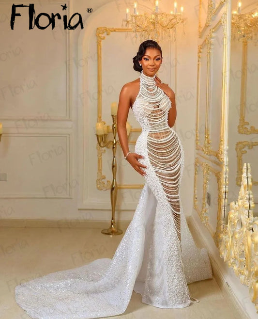 Couture Sexy Wedding Dress with Pearls Tassel Africa Luxury Bride Formal Occasion Dresses Custom Made Bridal Gowns Beaed Seuqins