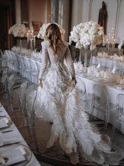 Vestido de novia modesto de cuello alto y manga larga con perlas brillantes y lentejuelas para novia, vestido de novia de lujo con plumas