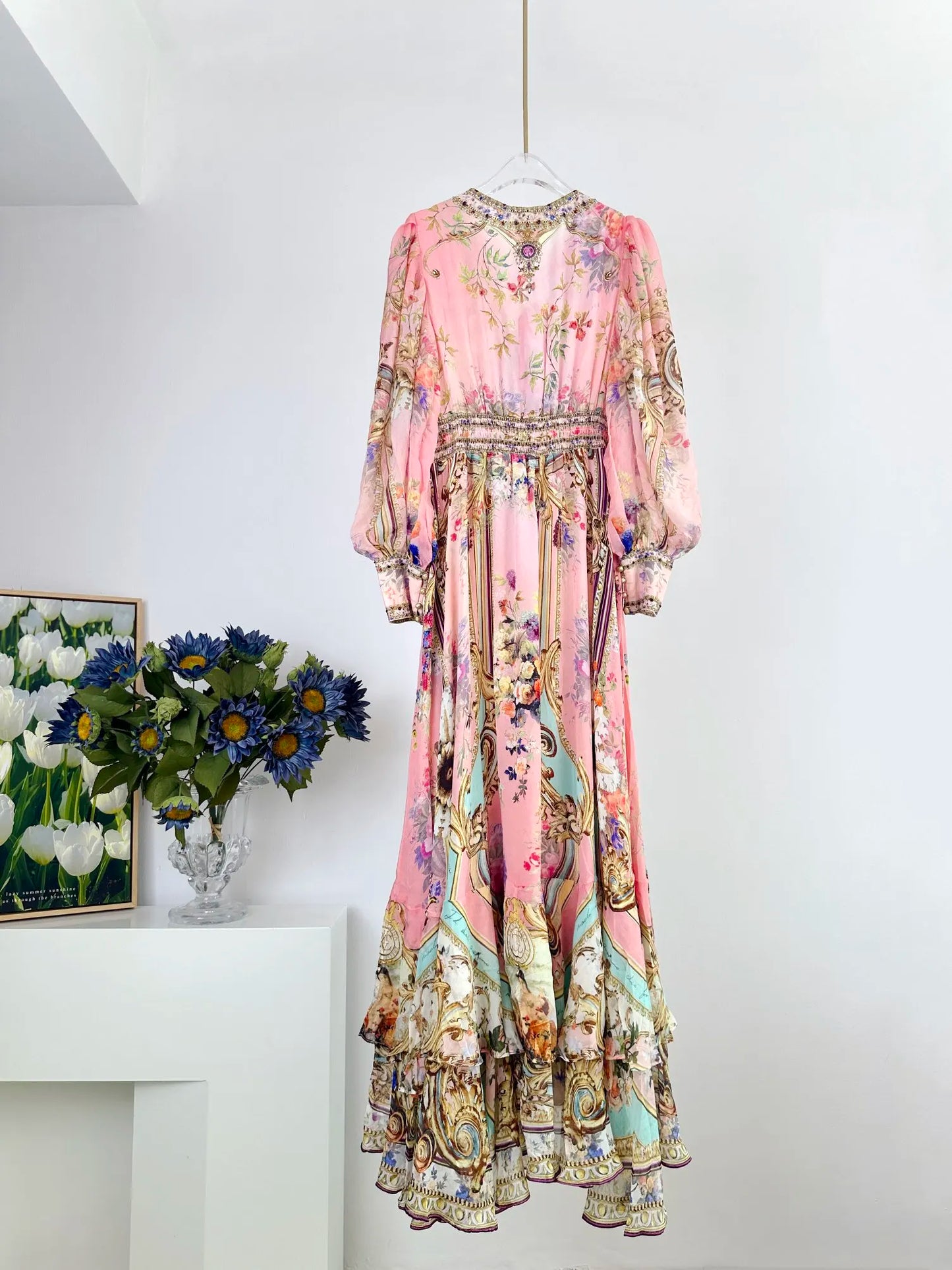 Robe longue à manches longues et col en V profond imprimé floral vintage pour femme