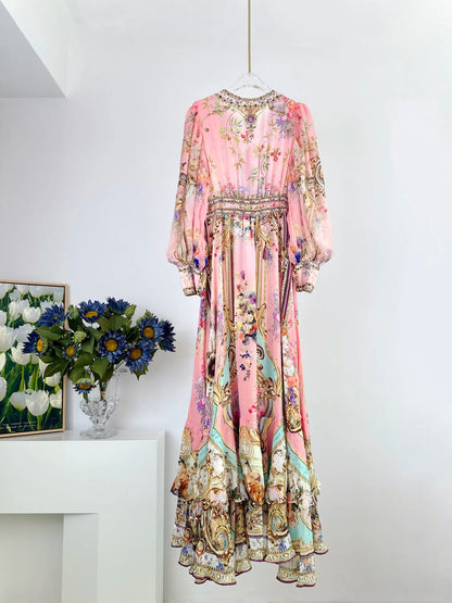 Women's Vintage Flower Printed Deep V-Neck Beaded Long Sleeve Maxi Dress