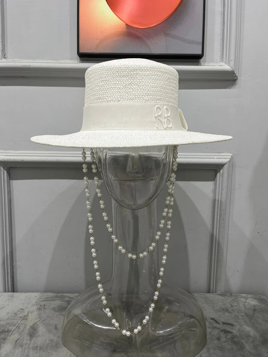 2023 summer new arrival Double Chain Strap Boater Hat straw hat for women