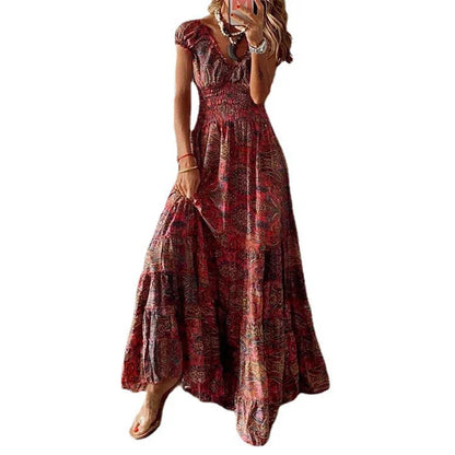 CYDNEE New Boho Paisley Print Dress Women Elegant V Neck Short Sleeve Summer Large Hem Long Dress Vintage Beach Party Maxi Dress