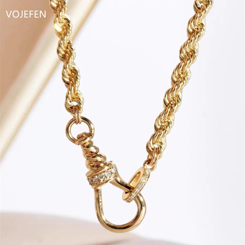 VOJEFEN Collar de oro real de 18 quilates, joyería, cadena de cuerda personalizada con mini diamantes, botón, lujo AU750, productos, regalos, nueva joya