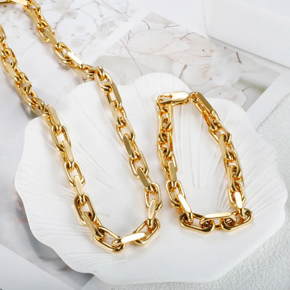 Thick Flat Cuban Link Chain Stainless Steel Necklace Bracelet Jewelry Set Waterproof Gold Color Plated For Pet Girl Women Hiphop