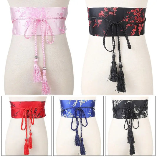 Japanese Wide Corset Cummerbunds Kimono Bowknot Belt Women Vintage Floral Printed Tie Satin Waistband Fashion Accessories