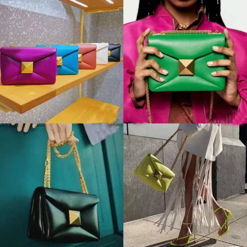 Bolso de mano de diseñador de lujo para mujer, de piel auténtica de primera calidad, grande, con remaches, bandolera, bolso cuadrado con cadena de moda para mujer