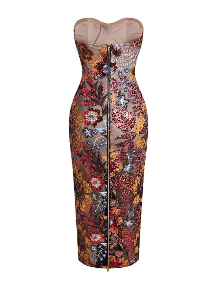 New Sexy Strapless Floral Sequin Long Dress Women Luxury Sequins Flower Backless Long Slim Dress Evening Party Runway Gown Dress