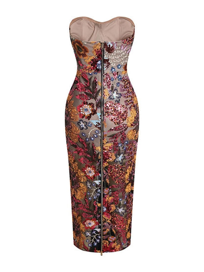 Nouvelle robe longue sexy sans bretelles à paillettes florales pour femmes, robe de soirée de luxe à paillettes florales, dos nu, longue et fine