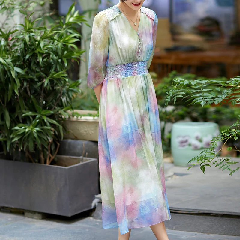 Elegant Vintage Dresses For Women 2024 Summer V-neck Women's Print Dress A-line 100% Real Silk Woman Fashion Holiday Long Dress