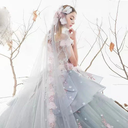 Robes de mariée exquises avec appliques de fleurs 3D 2023 en tulle à volants, robe de bal de princesse, robes de mariée, traine de cour, robe de mariée