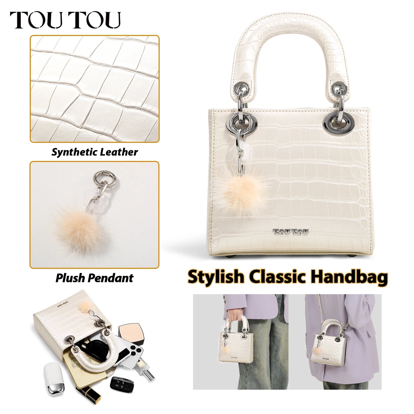 TOUTOU Women Bag 2024 Crocodile Pattern High End Light Luxury Handbag Temperament Single Shoulder Crossbody Bag Cute Pendent