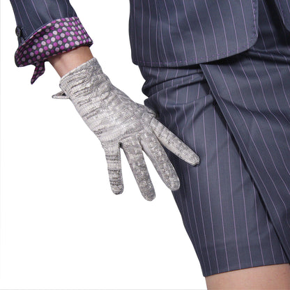 DooWay Women's Silver LIZARD GLOVES Real Leather Wrist Short 22cm Genuine Lambskin Crocodile Fashion Christmas Evening Glove