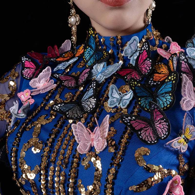 Robe de soirée bleu royal Baisha jupe longue perles faites à la main conception de papillon 3D Costume de maille de luxe pour spectacle de fête فساتين للمناسH617