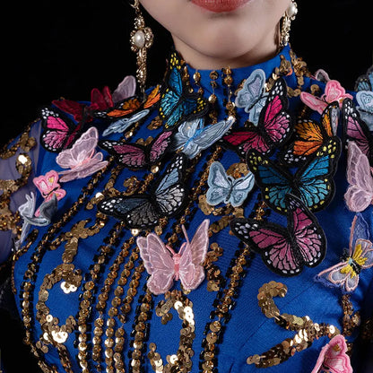 Vestido de noche azul real Baisha, falda larga, diseño de mariposa 3D hecho a mano con cuentas, para fiesta, espectáculo, disfraz de malla de lujo, فساتين للمناسH617