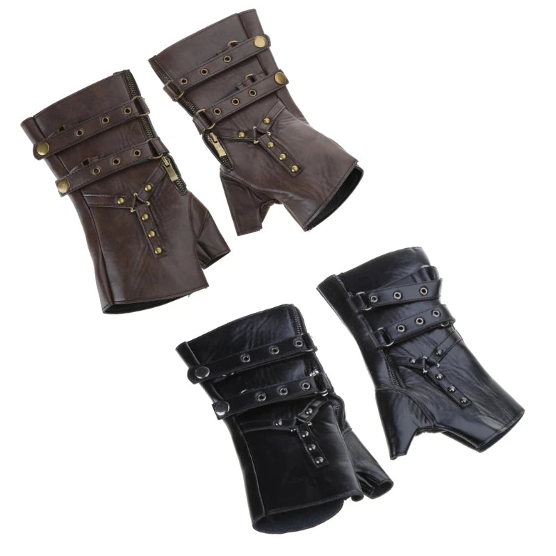 Guantes sin dedos de cuero de PU con remaches Steampunk para hombres y mujeres, guantes de medio dedo