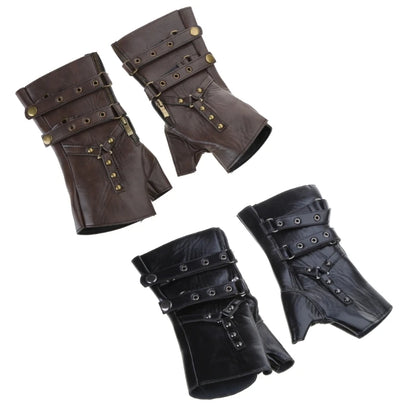 Guantes sin dedos de cuero de PU con remaches Steampunk para hombres y mujeres, guantes de medio dedo