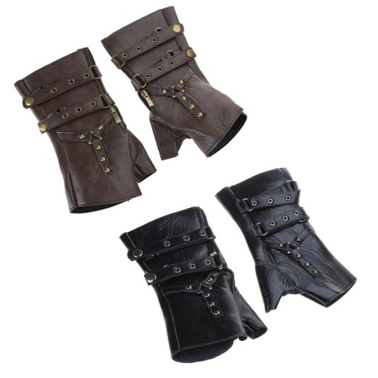 Guantes sin dedos de cuero de PU con remaches Steampunk para hombres y mujeres, guantes de medio dedo