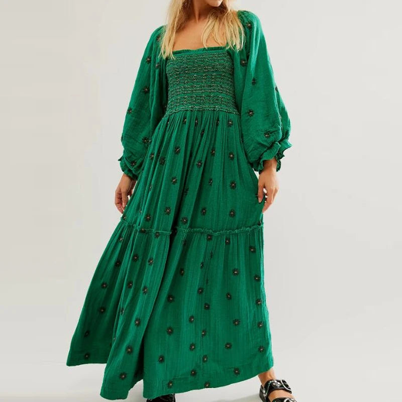 Beach Style Holiday Ruffle Swing A Line Maxi Dress Bohemian Floral Dress Women Lady Square Neck Long Sleeve Club Party Dress