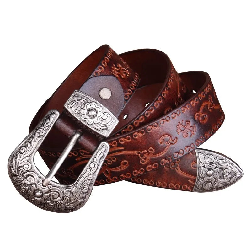 Ceinture de style court de haute qualité en relief avec boucle en acier pour homme, style cowboy occidental, en cuir véritable, style punk, pour jeans