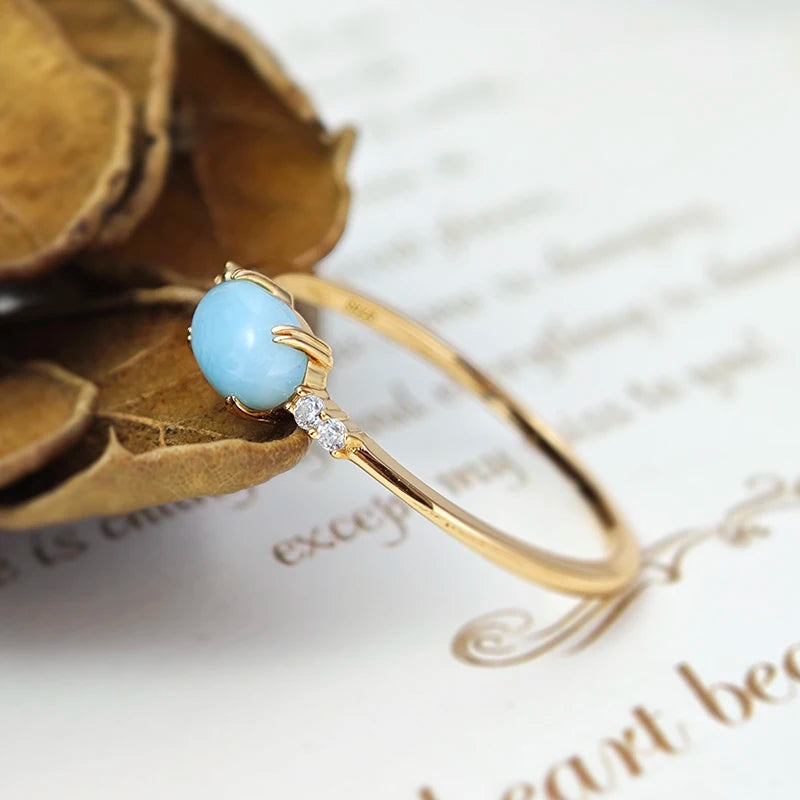 LAMOON Gemstone Rings Natural Larimar Ring For Women 925 Sterling Silver K Gold Plated Sea Pattern Blue Stone Fine Jewelry RI184