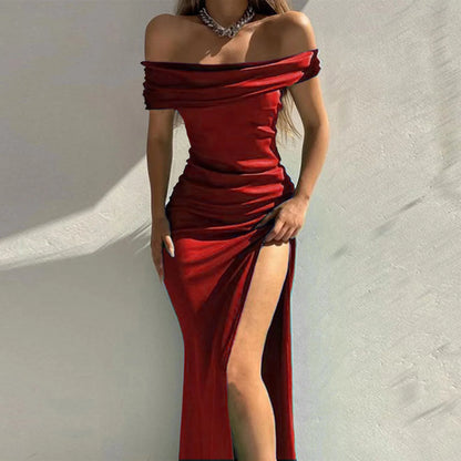 Velvet High Slit Sexy Formal Occasion Dress Women Off Shoulder Prom Dress Solid Short Sleeve Evening Party Dress With Ruffles