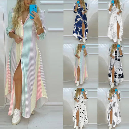 Women Boho Printed Long Shirts Dress Summer Turn-down Collar Long Sleeve Party Dress Female Casual Evening Maxi Dresses Vestidos