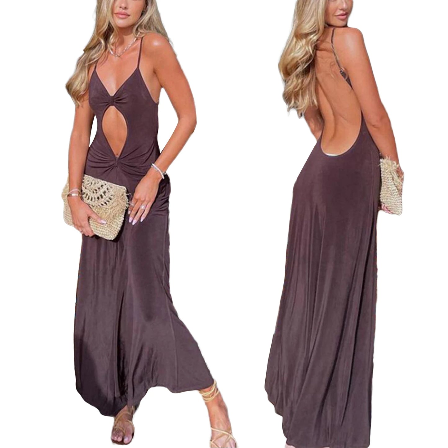 Summer Dress For Women Sexy Sleeveless V Neck Backless Cocktail Dresses Cutout Club Party Festival Long Dresses