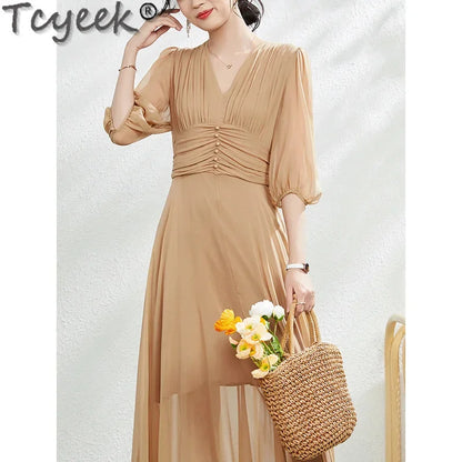 Heavyweight Tcyeek 100% Mulberry Silk Long Dress Women Clothing Elegant and Pretty Women's Fashion Summer Dresses 2024