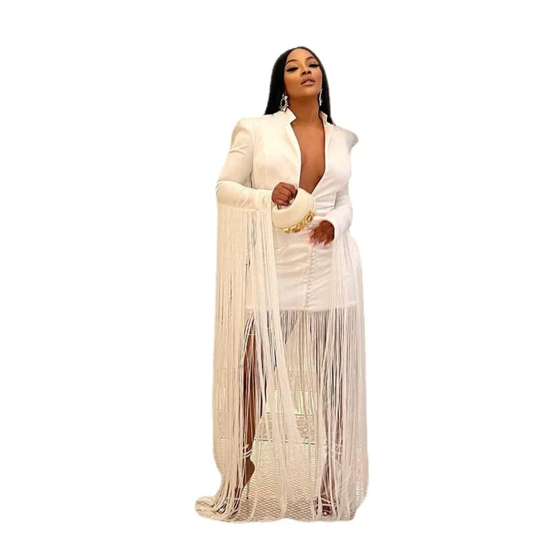 Extra Long Tassel Splicing Maxi Party Dress Women White V Neck Long Sleeve Pearls Button Bodycon Blazer Evening Gown Clothing