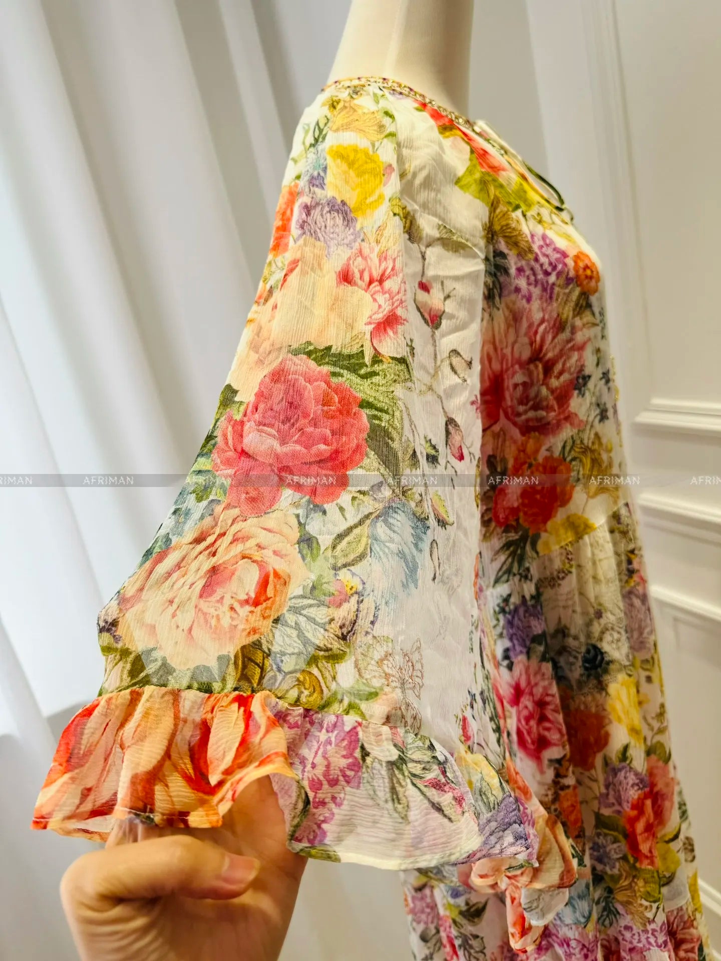 Robe longue ample en soie à col rond et imprimé floral avec perles en cristal pour femmes