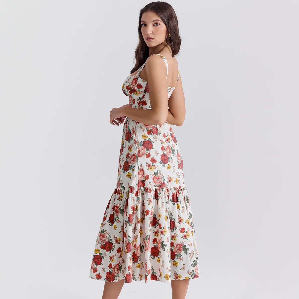 Oligai Summer Elegant Holiday Dress 2024 Causal Ruffle Hems Fit and Flare Dress with Pocket Mid Length Floral Print Dress