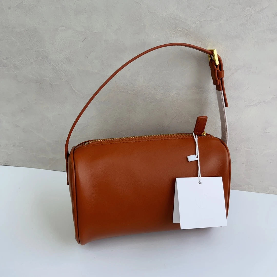 Bolso de mano de cuero genuino simple retro con forma de tubo cuadrado, bolso de hombro pequeño, bolso para teléfono móvil