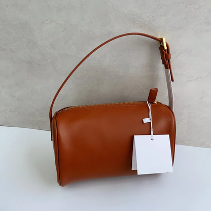 Square Tube Shape Retro Simple Genuine Leather Handbag Small Shoulder Bag Mobile Phone Bag