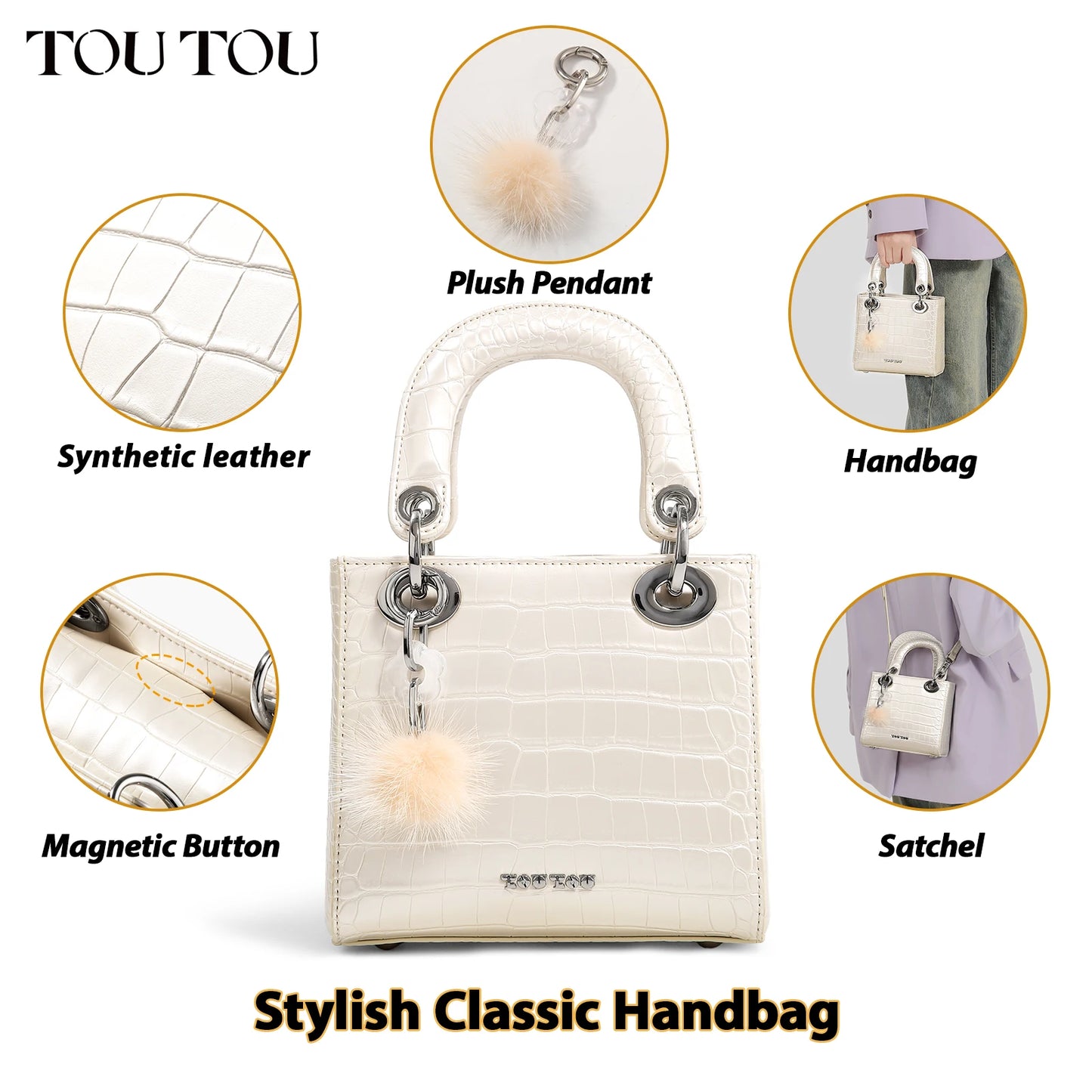 TOUTOU Women Bag 2024 Crocodile Pattern High End Light Luxury Handbag Temperament Single Shoulder Crossbody Bag Cute Pendent