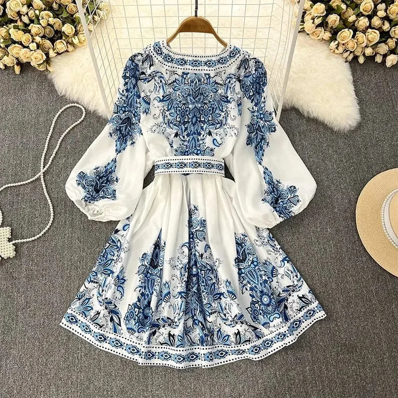 Women's Fashion Autumn New Blue Print V-Neck Long Sleeve Bohemian Dress Elegant Women's Belt Lantern Sleeve Holiday Vestidos