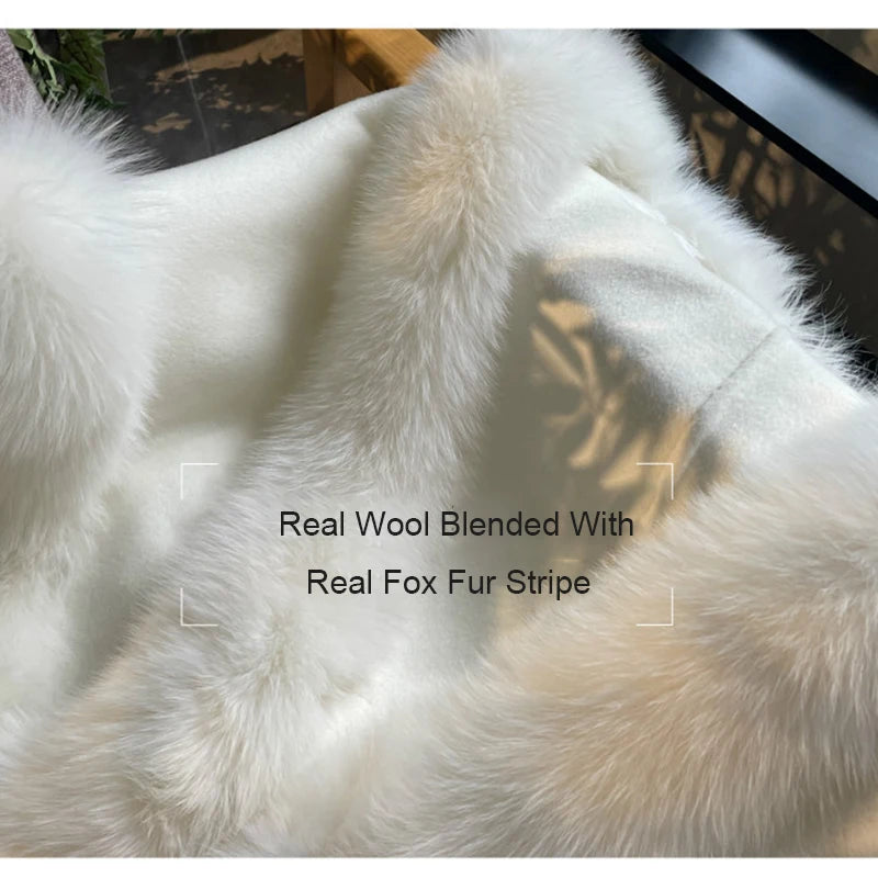 Women Autumn Cashmere Wool Shawl With Real Fox Fur Stripe Fashion Female Genuine Fur Wrap