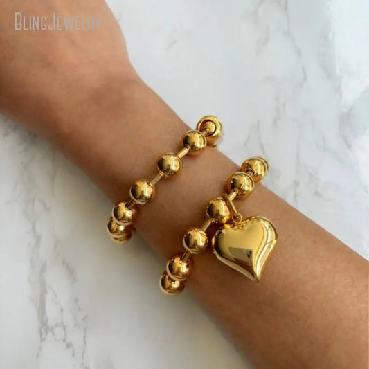 Conjunto de 10 piezas de pulseras apilables de acero inoxidable con cuentas y cadena de bolas de color oro K grueso con forma de corazón y burbujas para mujer