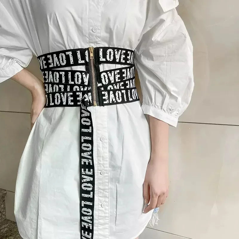 Cinturón elástico con letras para mujer, cinturón ancho con cierre de cremallera, accesorios de moda para prendas de vestir, cinturón decorativo para falda y camisa