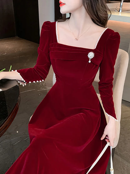 Autumn Winter Red Velvet Beading Sexy Midi Dress Women Chic Prom Luxury Party Evening Vestidos 2024 Korean Elegant Wedding Dress