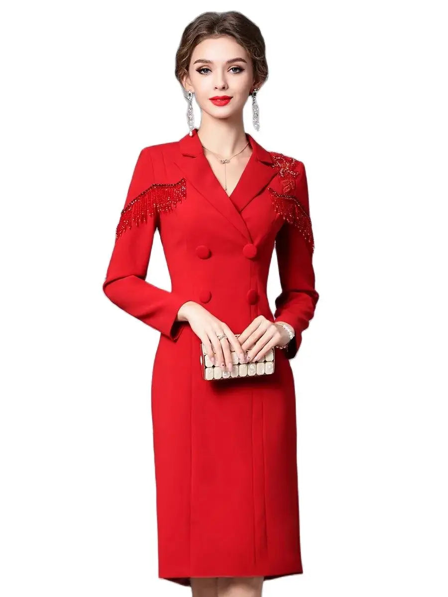 Robe rouge pour femme, nouvelle collection automne 2024, col de costume, perles faites à la main, robes formelles à manches longues pour femmes, 24041